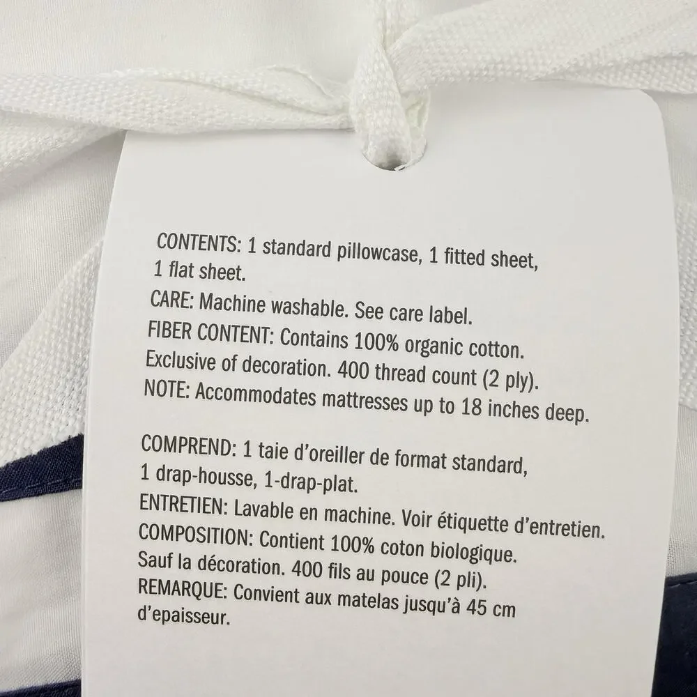 Pottery Barn Parker Organic Percale Sheet Set FULL/DOUBLE Twilight Blue White